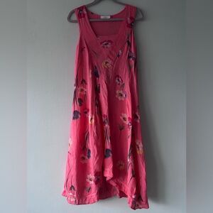 Floral Pink 100% linen Sleeveless Midi Dress